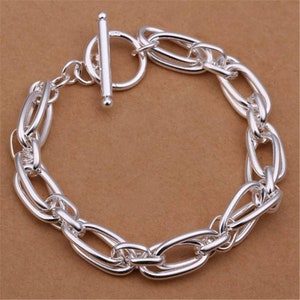 Gros bracelet en argent, gros bracelet en argent sterling 925, bracelet en argent sterling à maillons de chaîne, bracelet en argent à double maillons,