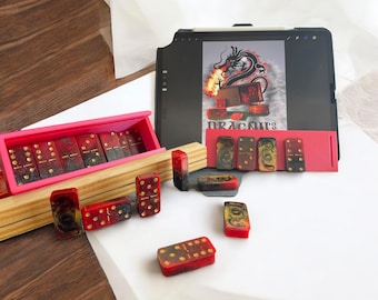 Dragon's Breath Domino Set: Personalized Wood Case, Black & Red