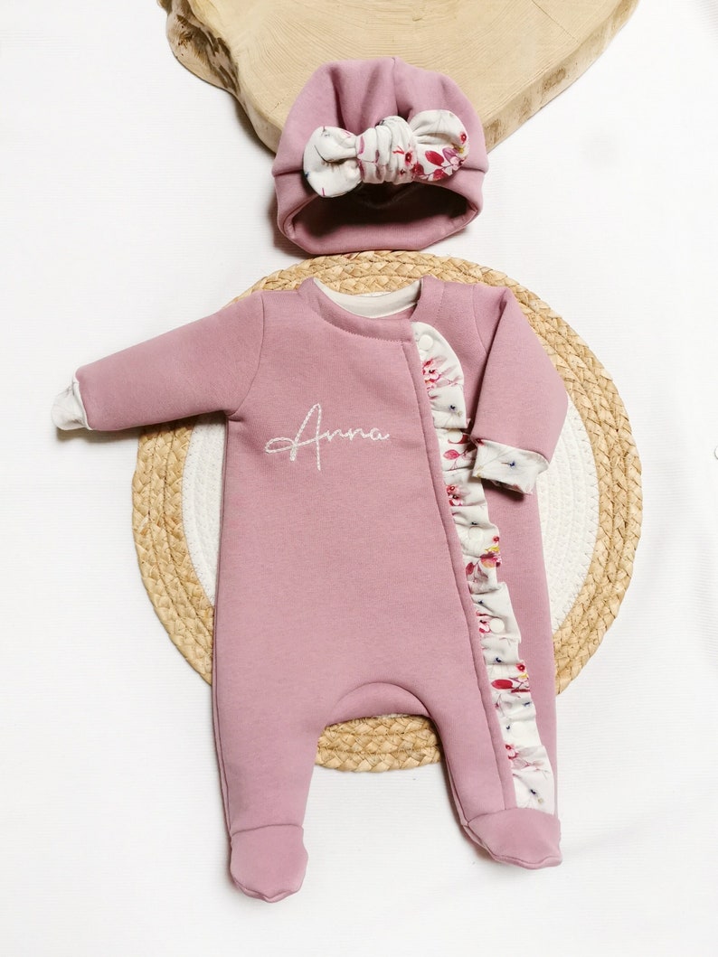 Birth Outfit Pack. Baby Pajamas Turban Hat First Name Embroidery image 4