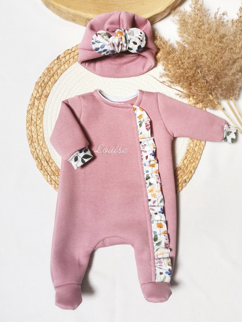 Birth Outfit Pack. Baby Pajamas Turban Hat First Name Embroidery image 1