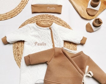 Birth Outfit Pack. Pajamas + Hat + Slippers + Mittens + Bra + 1 Embroidery