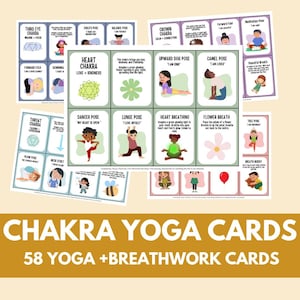 May include: A set of 58 yoga and breathwork cards featuring illustrations of children performing various poses, chakra symbols, and descriptive text. The cards are organized into color-coded sections with labels such as Heart Chakra, Dancer Pose, and Flower Breath.