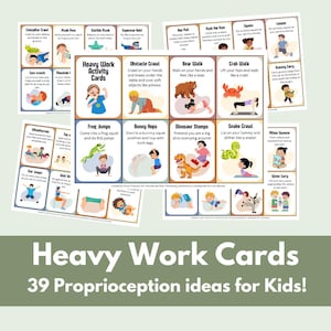 May include: A set of Heavy Work Activity Cards featuring 39 illustrated exercises for children. Each card displays a title, instructions, and a colorful cartoon depicting movements like bear walks, crab walks, frog jumps, and dinosaur stomps.