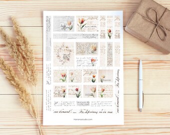 Digital Printable Tulip Vintage Script Ephemera / Antique Vintage Scripts / Pastel Warm Tulip floral / Tulips / Journaling elements
