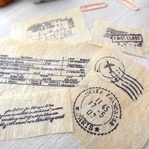 Handmade Tea-Dyed Vintage Ephemera / Antique scripts / Mail Postage Stamps / Journal / Planner / Scrapbook / Notebook / Tracing paper