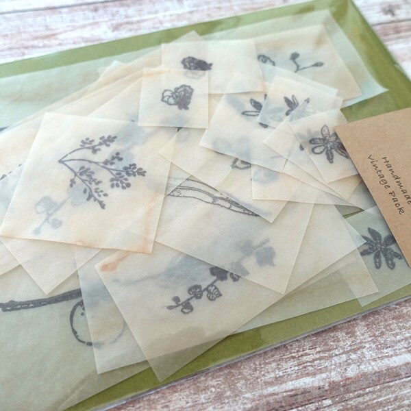 Handmade Tea-dyed Vintage Botanical Ephemera / 24 pieces Vellum Pack / Journaling supplies / Junk Journal / Planner / Scrapbook / Journaling