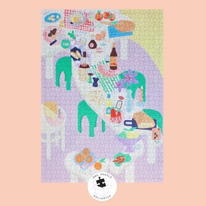 May include: A colorful jigsaw puzzle depicting a table setting with a variety of food and drink items, including wine, bread, fruit, and vegetables. The puzzle is set against a purple background with green and white accents. The puzzle is made by Das Puzzle Kollektiv.