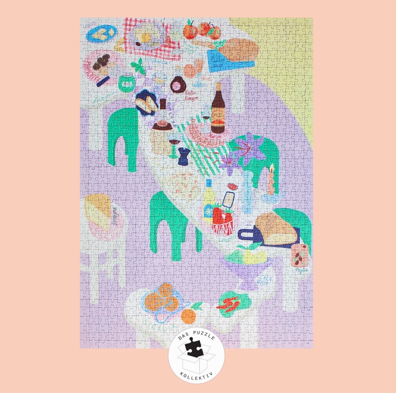 May include: A colorful jigsaw puzzle depicting a table setting with a variety of food and drink items, including wine, bread, fruit, and vegetables. The puzzle is set against a purple background with green and white accents. The puzzle is made by Das Puzzle Kollektiv.