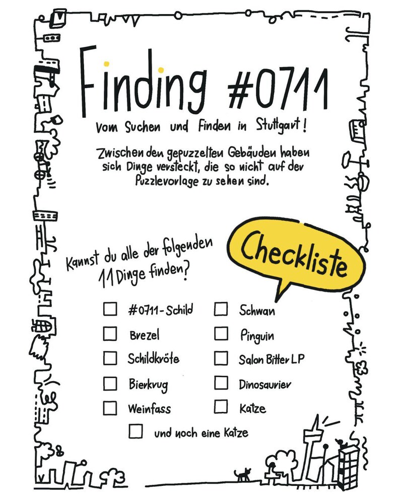 Puede incluir: Una lista de verificaci&oacute;n en blanco y negro con 11 elementos para encontrar en una escena de ciudad. La lista de verificaci&oacute;n incluye elementos como un #0711-Schild, un cisne, un brezel, una tortuga, una jarra de cerveza, un ping&uuml;ino, un sal&oacute;n Bitter LP, un dinosaurio, una jarra de vino y un gato.