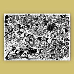 Puede incluir: Ilustraci&oacute;n en blanco y negro de un doodle de una escena de ciudad con edificios, &aacute;rboles, coches y personas. La ilustraci&oacute;n est&aacute; llena de detalles e incluye texto como "El Bistro" y "Stop".