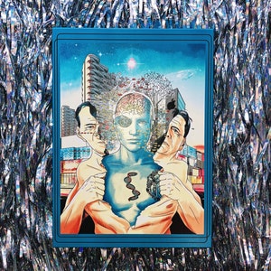 May include: A blue and white illustration of three people with a futuristic cityscape in the background. The central figure is a man with a blue and white face and a DNA strand in his chest. The two figures on either side of him are men with their arms around him.