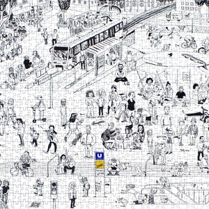 May include: A black and white illustration of a bustling city street scene with a bus, people walking, sitting, and cycling. There are buildings in the background and a sign that reads "U-Bahn" in the foreground.