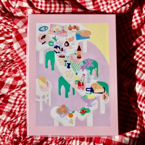 May include: A colorful illustration of a map of Italy with a table setting on top. The table is set with food, wine, and other items. The illustration is on a pink background with the words "Sicilia" and "Calabria" written on the map.