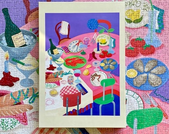 May include: A colorful illustration of a dinner table setting with a pink tablecloth, a lobster, oysters, lemons, and a bottle of champagne. There are two chairs, one red and one blue, and a bouquet of purple flowers in the center of the table.