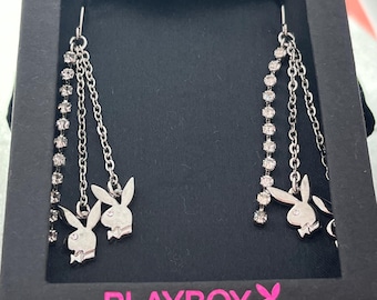 Playboy Bunny Dangle Earrings with Rhinestone Chains