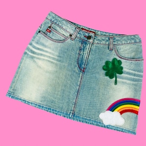 Womens mini Denim Skirt,miss sixty,Rainbow Clover Patch Light Wash, Low Rise Vintage 2000s