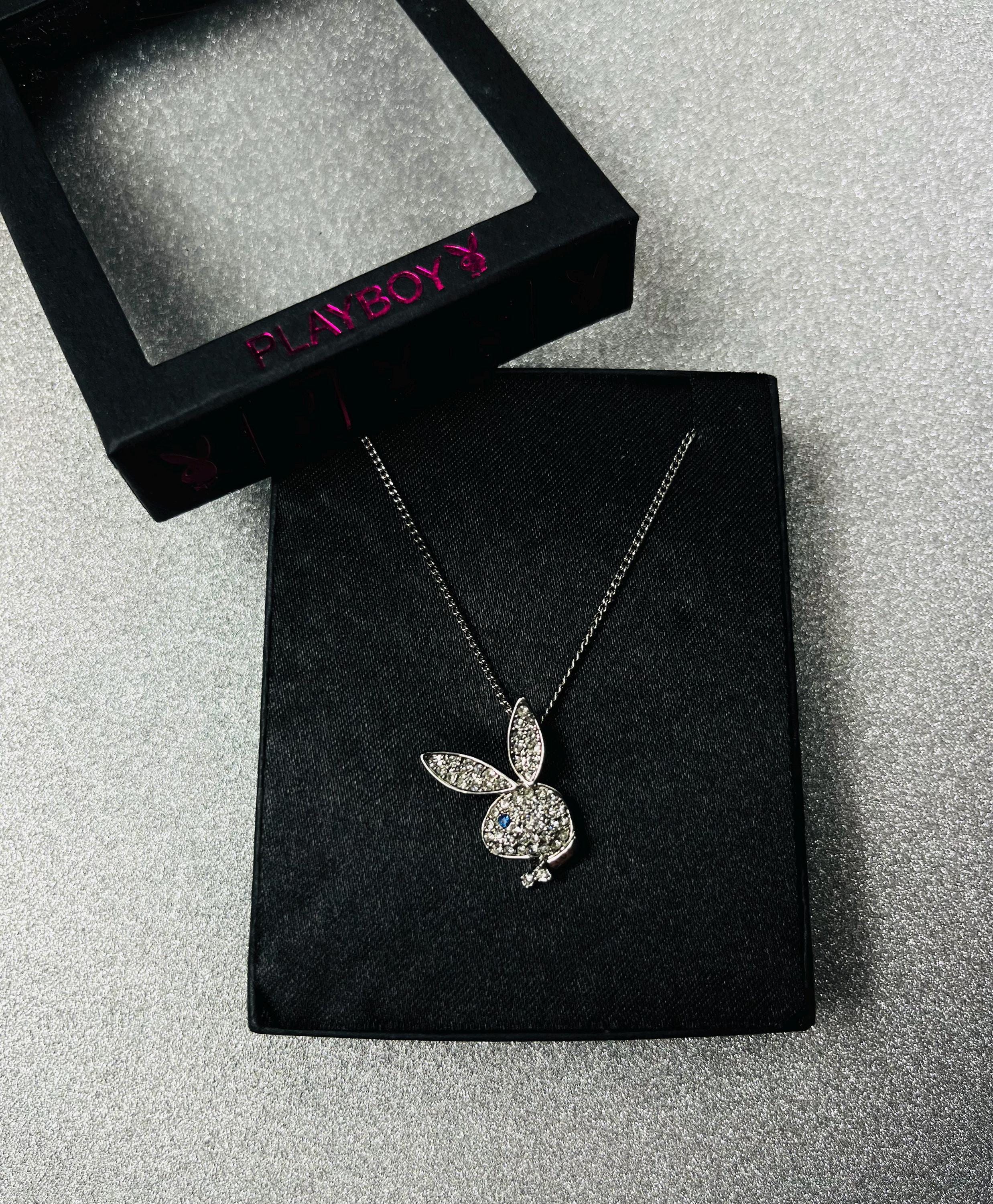 Vintage Playboy Bunny Crystal Necklace – Y2K Blue Eye Pendant, 15