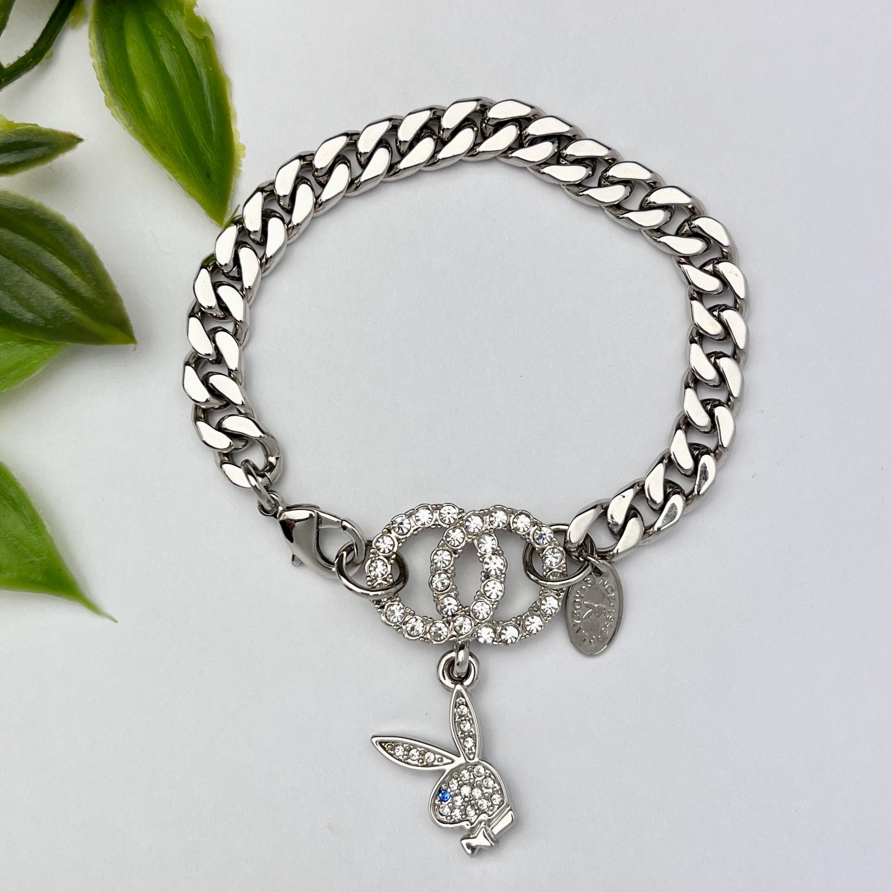 Vintage Playboy Bunny Bracelet: Crystal Charm, Silver Cuban Chain 