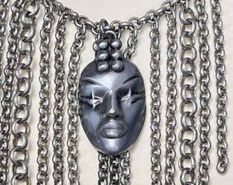 Vintage Thierry Mugler Necklace – 1990s Face Pendant Fringe