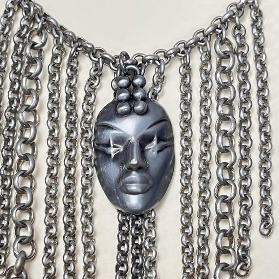 Vintage Thierry Mugler Necklace – 1990s Face Pendant Fringe