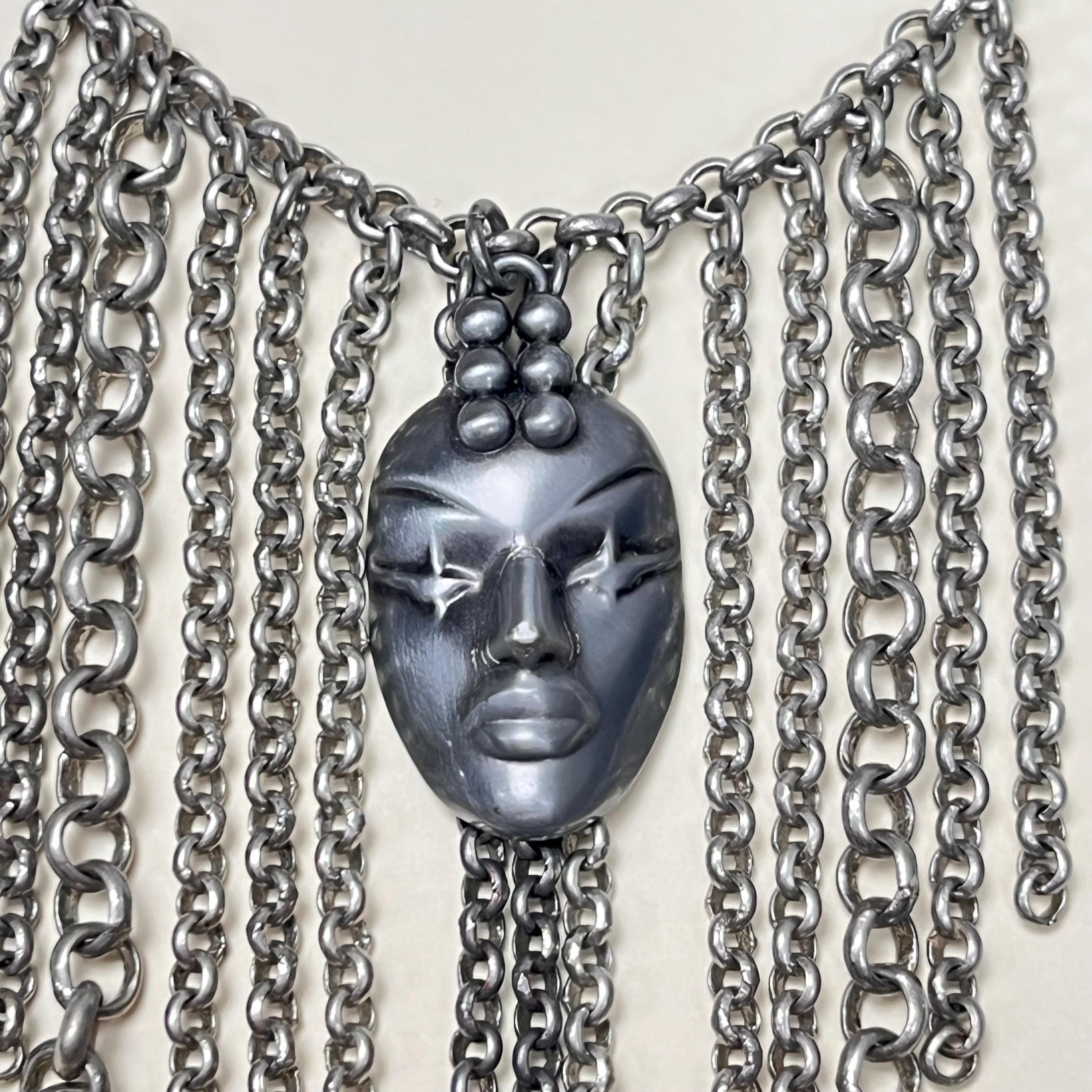 Vintage Thierry Mugler Necklace – 1990s Face Pendant Fringe