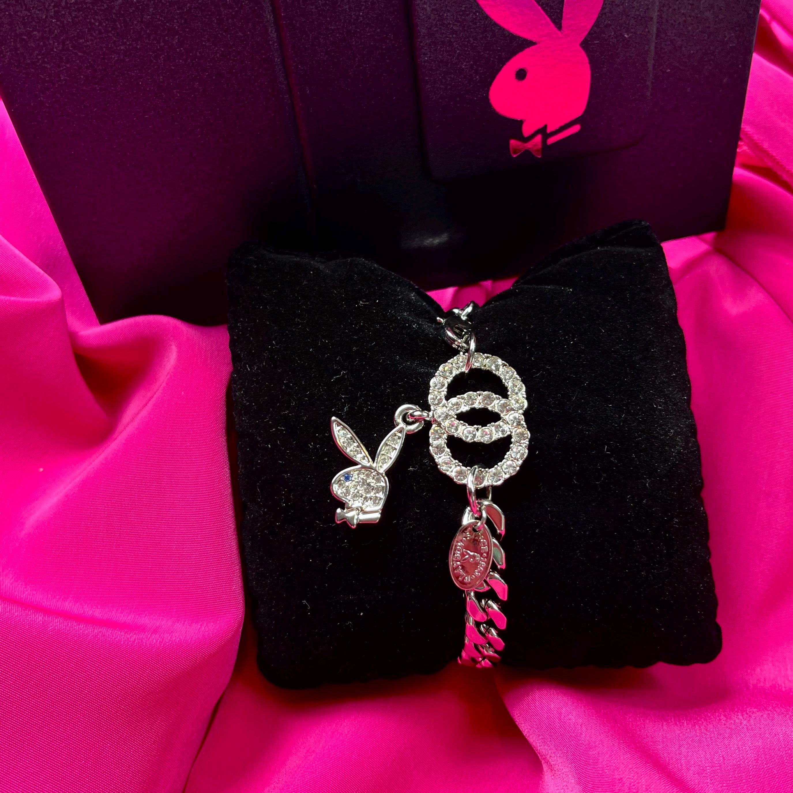 Vintage Playboy Bunny Bracelet: Crystal Charm, Silver Cuban Chain 