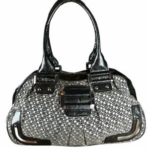 guess ハンドバッグ y2k Vintage Y2K Guess Monogram Shoulder Bag, Black Patent Trim Logo