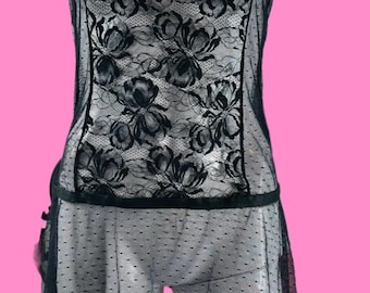 Y2K Playboy Lace Babydoll Dress Black Sheer Mesh Open Back Coquette Aesthetic Vintage Style Slip Dress Size S NWT