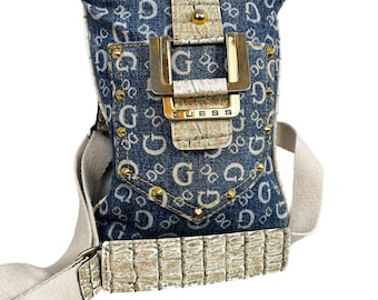 Vintage Guess Denim Shoulder Bag: Y2K Gold Studded Crossbody