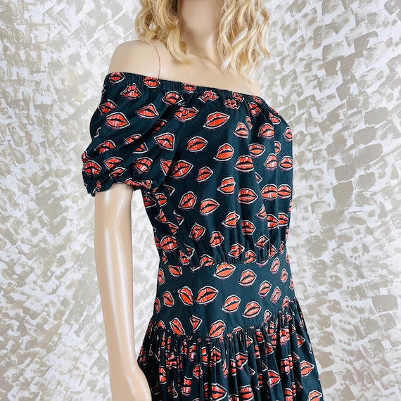 Prada, Prada dress black with lipstick print off the shoulder drop waist prom dress homecoming vintage dress IT44/ US8/UK12