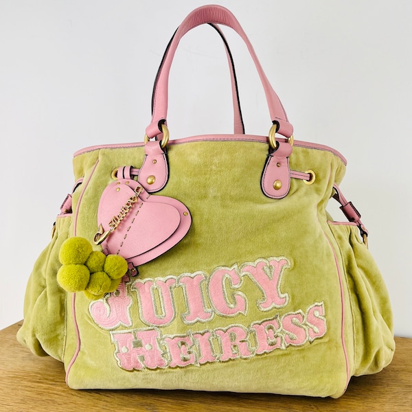 Sac à main vintage Juicy Couture original de l'an passé, vert citron et rose avec breloque dorée