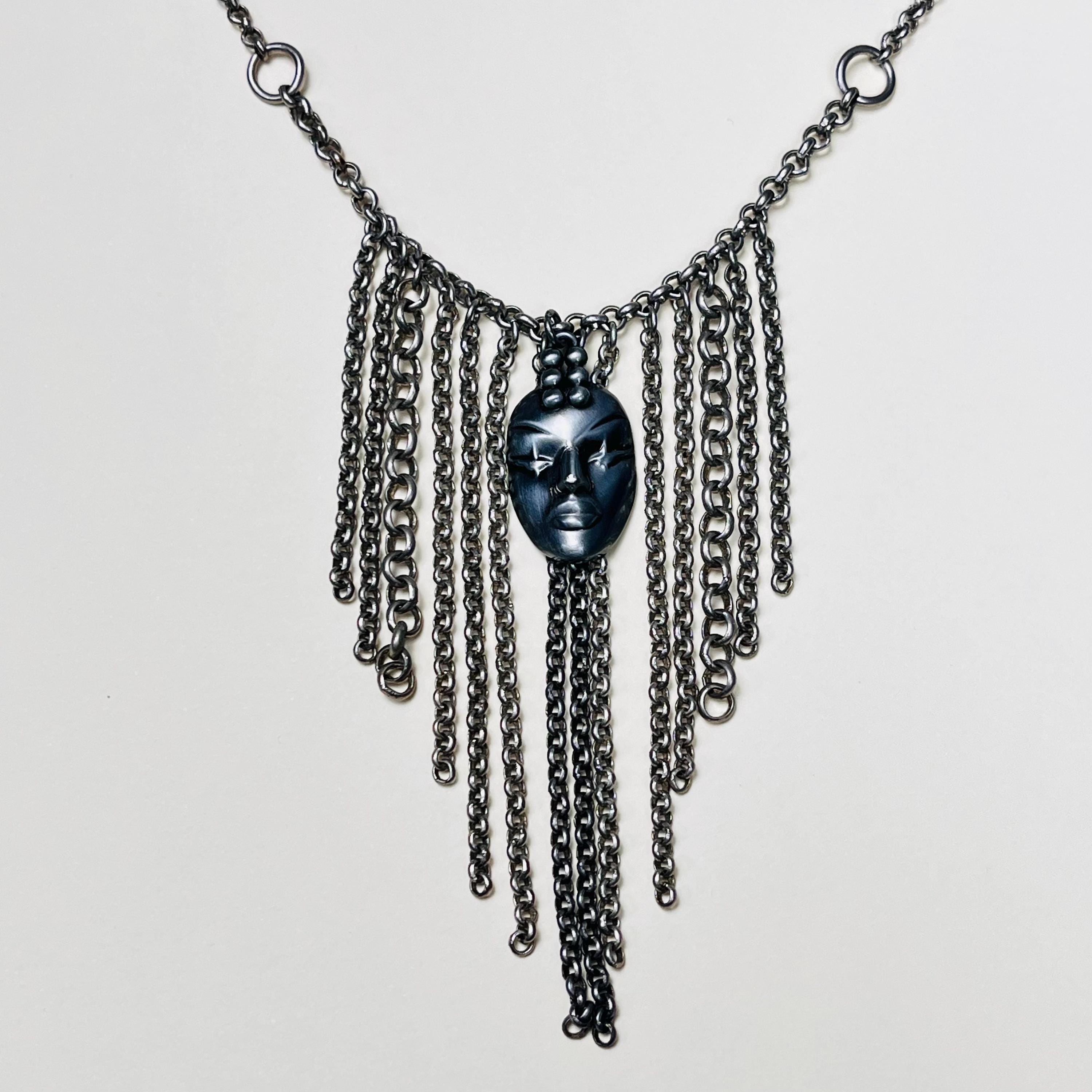 Vintage Thierry Mugler Necklace – 1990s Face Pendant Fringe
