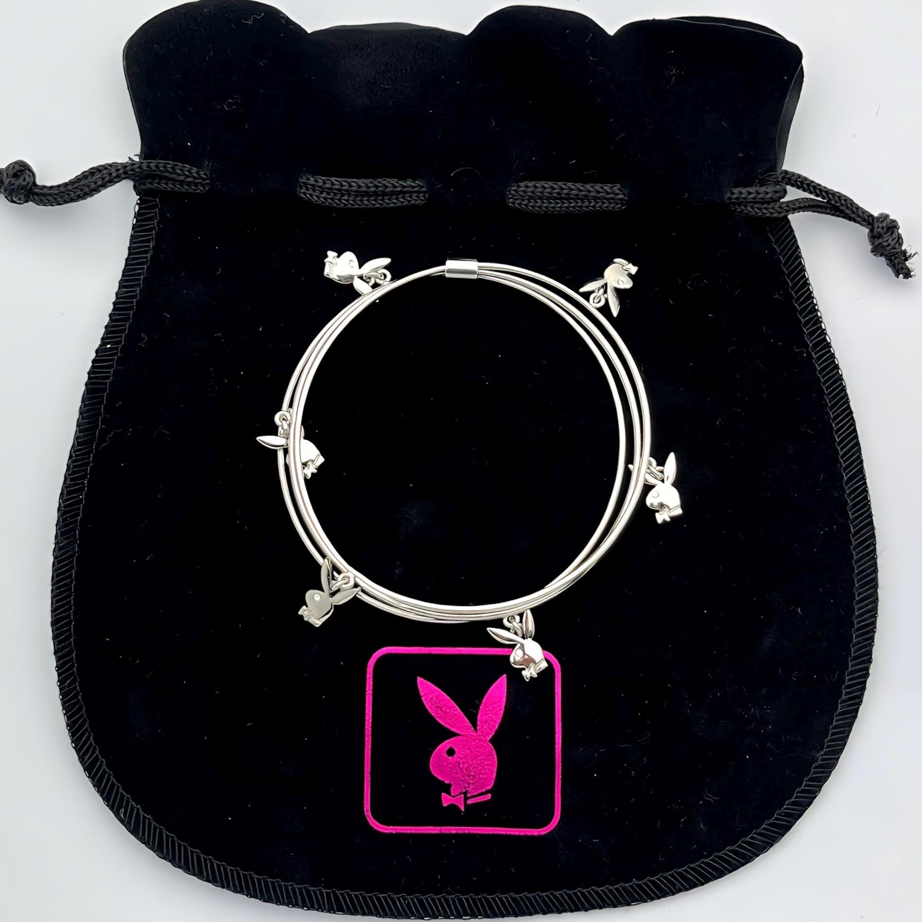 Vintage Playboy Silver Bangle Set | Rhinestone Bunny Charm 