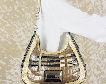 Y2K Guess Shoulder Bag: Black & Gold Croc Embossed Party Bag