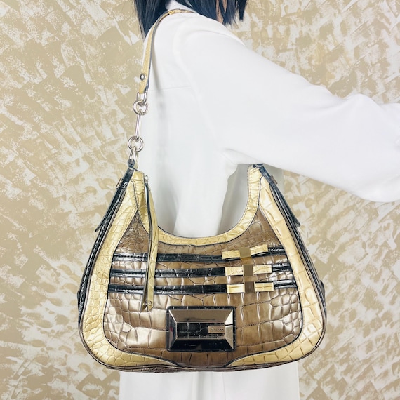 Y2K Guess Shoulder Bag: Black & Gold Croc Embossed Party Bag