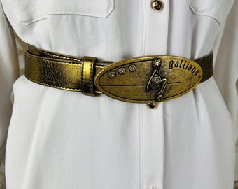 【レア】廃盤希少品ヘビ皮風Gallianoロゴバックルブラック本皮ベルト ヴィンテージ ジョン・ガリアーノ ブラックレザーベルト、ジュエル付き