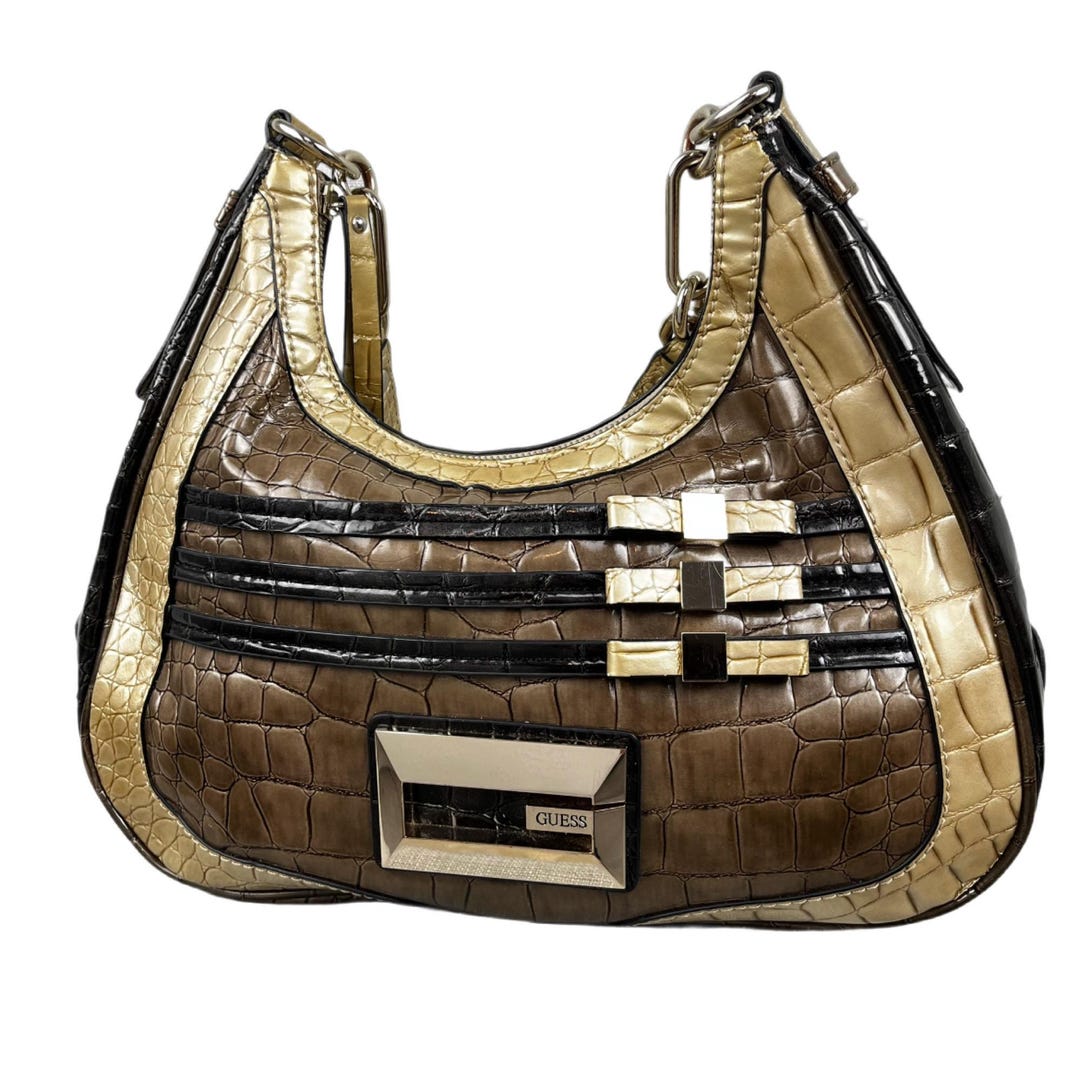 Y2K Guess Shoulder Bag: Black & Gold Croc Embossed Party Bag - Etsy