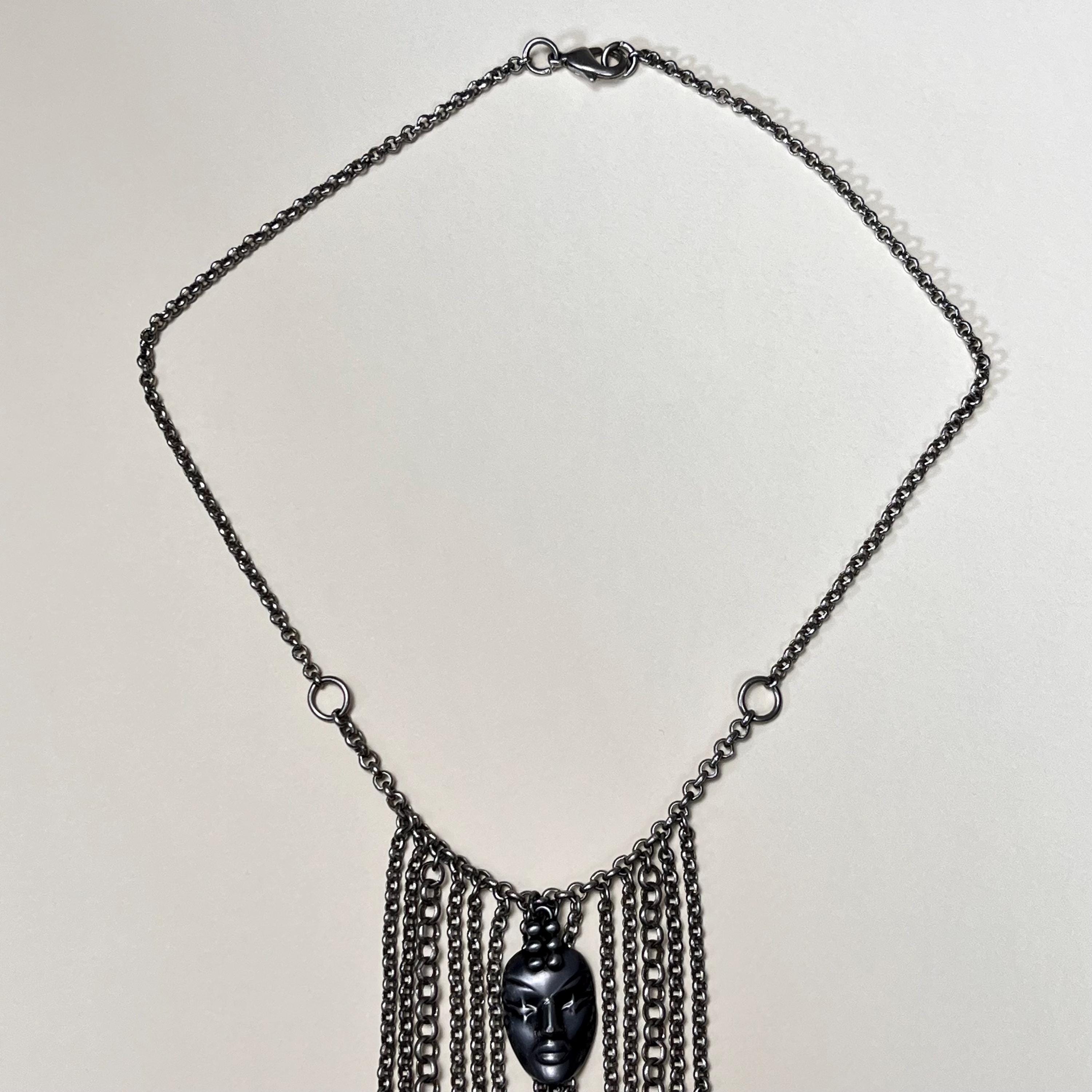 Vintage Thierry Mugler Necklace – 1990s Face Pendant Fringe