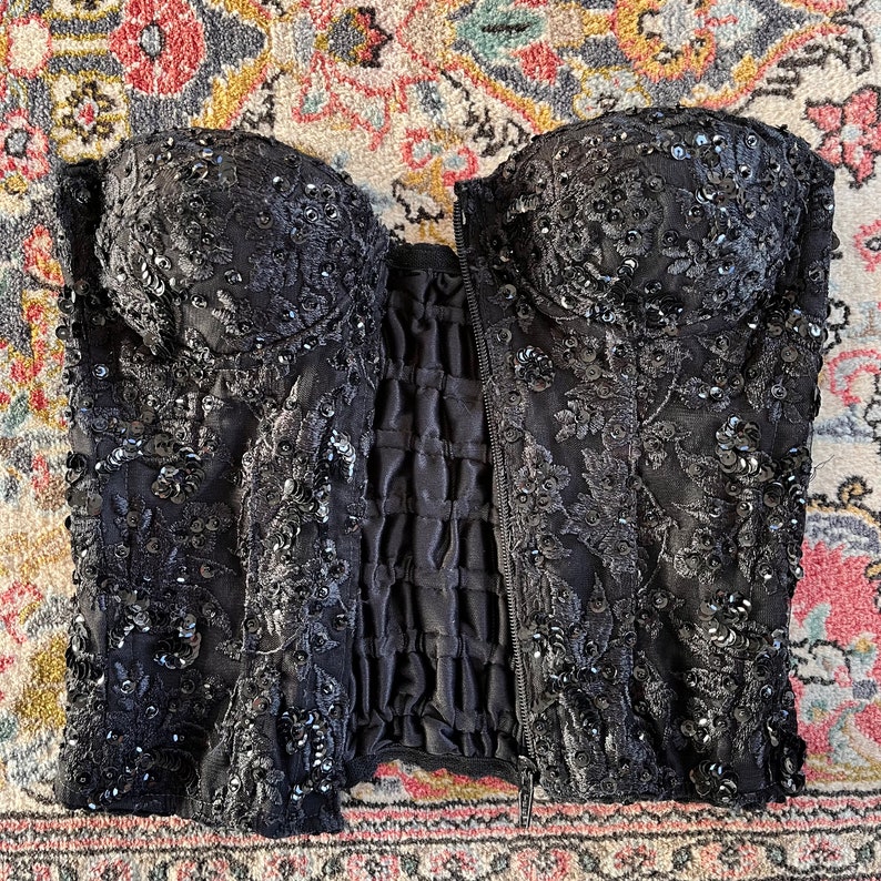 French Style Sequin Vintage Bustier Corset Top Black Bustier Black ...