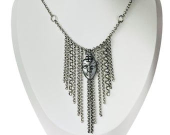 Vintage Thierry Mugler Necklace – 1990s Face Pendant Fringe, Couture Jewelry