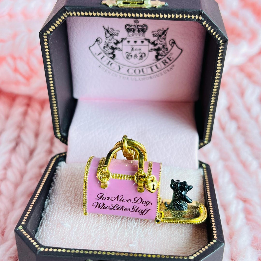 Juicy Couture Charm: Pink Scottie Dog Carrier, Gold Accents (in