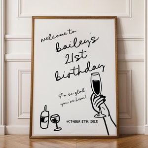 Adult Birthday Party Welcome Sign, 21st 30th 40th Birthday Welcome Sign, Whimsical Hand Drawn Wine Birthday Sign | HD4