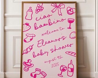 Ciao Bambina Baby Shower Welcome Sign, Ciao Baby Italian Baby Shower Sign Girl Template Hand Drawn | HD4