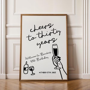 Cheers to 30 Years Birthday Party Welcome Sign, 30th Birthday Welcome Sign, Whimsical Hand Drawn Wine Birthday Sign | HD4