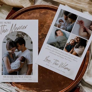 The More The Merrier Christmas Birth Announcement Template, Printable New Baby Holiday Card, Editable Instant Download Arch Photo Card