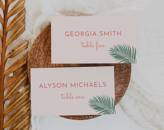 Modern Beach Wedding Place Card Template Tropical Wedding Name Cards Printable Beach Wedding Place Card Palm Leaf | Summer in Pink