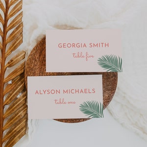 Modern Beach Wedding Place Card Template Tropical Wedding Name Cards Printable Beach Wedding Place Card Palm Leaf | Summer in Pink