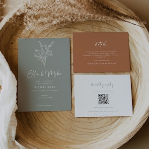 Sage Green Wedding Invitation Suite Rust Boho Wedding Invitation Set Boho Minimalist Warm Burnt Sage Botanical Invite Template | Mia