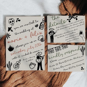 Modern Mexican Wedding Invitation, Hand Drawn Wedding Invitation Suite, Illustrated Whimsical Mexican Invite | HD4
