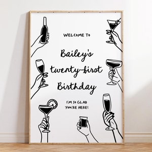 Adult Birthday Party Welcome Sign, 21st 30th 40th Birthday Welcome Sign, Whimsical Hand Drawn Birthday Sign | HD3